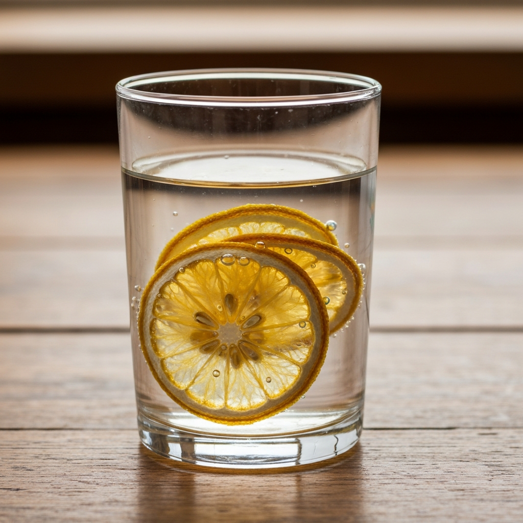 Freeze-dried fruit slices blooming in a glass of water