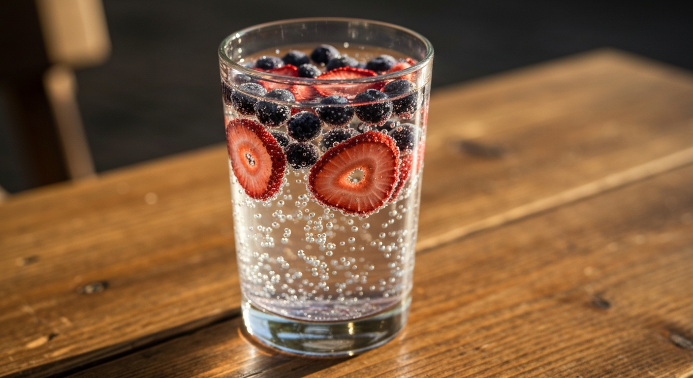 Berry fizz with freeze-dried blueberries and strawberry in sparkling water